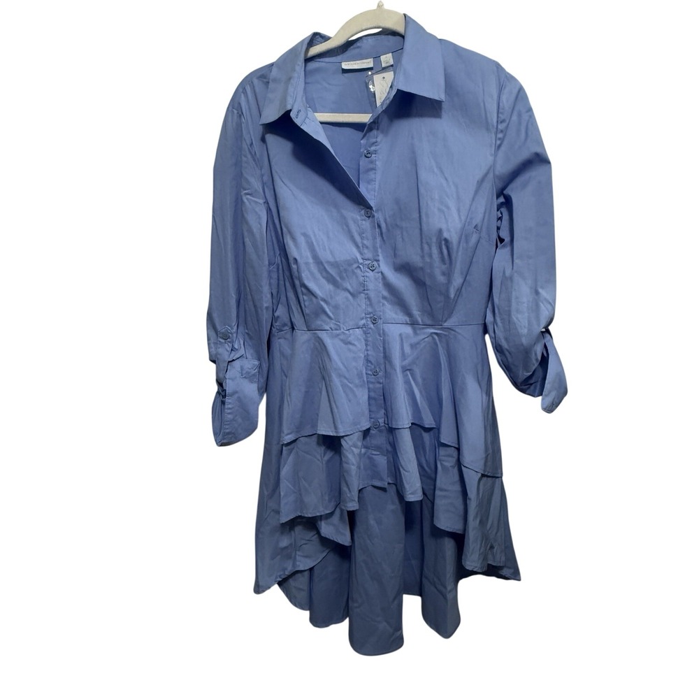 NY&Co Blue Peplum Shirt‎ Dress M Women's NWT Collared Long Sleeve Hi-Low Blouse